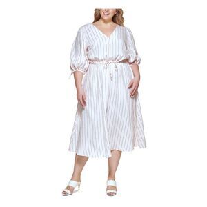 NWT CALVIN KLEIN Womens Pink Tie Cinched Waist Cuffs Sleeve Midi Dress Plus 20W